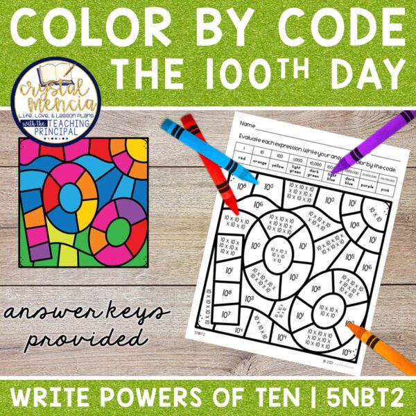Powers of Ten Numbers Color by Code 100th Day of School (5NBT2)