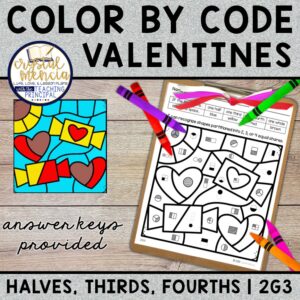 2G3 Halves, Thirds, & Fourths Color by Code Valentine's Day