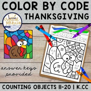 Counting 11 to 20 Color by Code Thanksgiving