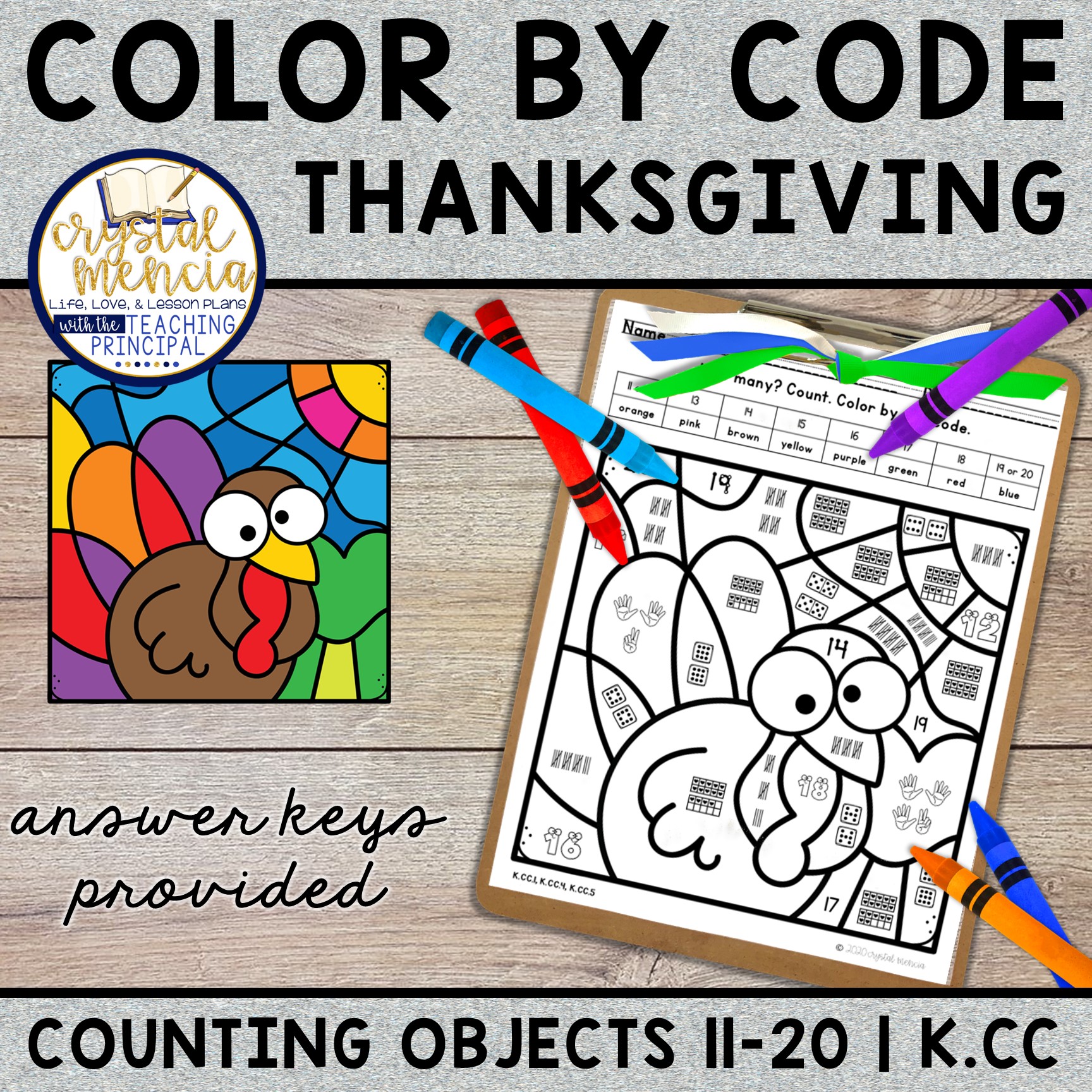 Counting 11 to 20 Color by Code Thanksgiving - Crystal Mencia